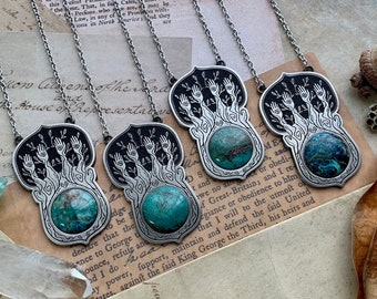 Tree of Fate necklaces. Set No 2, with Chrysocolla and Turquoise. Custom length chain.