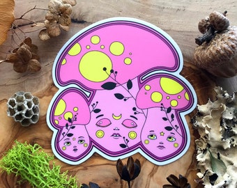 3" x 3" vinyl, matte witchy sticker "Magical Mushrooms" with cute mushrooms with faces, stars, crescent moon, and magical herbs.