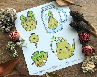 6" x 7" vinyl, matte, kiss cut sticker set / sheet "Plant Mama". Includes 5 botanical designs in cute cartoon style.