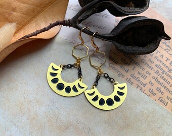 Gold & Black Earrings with moon cycle elements and geometric connectors. 14K gold plated ear hooks.