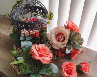 Bohemian wedding decoration set: bridal bouquet, hair piece, boutonniere, ring holder, and bird cage table center piece. FREE US Shipping.