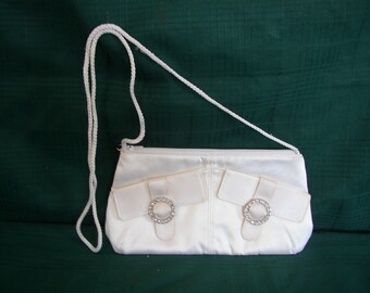 Vintage white satin purse with 20" long strap, probably from 1960's.