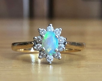 Vintage Opal Ring 14k Yellow Gold Genuine - Diamond Halo Size 8 Sizable October Birthstone Gift for Her - Boho Engagement Fine Jewelry
