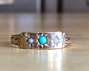 Antique Gold Ring 14k Turquoise - Pearl Starburst Stone Band - Size 8 Engagement Wedding December Birthstone - Vintage Fine Jewelry