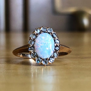 Antique Diamond Opal Ring 14k Gold Size 7 Halo October April Birthstone - Vintage Engagement Wedding Anniversary Gift for Her Fine Jewelry