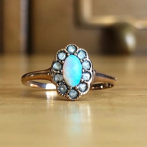 Antique Opal Ring - Genuine Solid & Real Diamond Halo 14k Gold Size 6 1/4 to 6 1/2 October April Birthstone Engagement Wedding Fine Jewelry