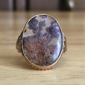 Art Deco Ring Genuine Vintage - 10k Yellow Gold Plume Moss Agate Stone Size 6 1/2 - 1920s to 1940s Antique Eco Friendly Fine Jewelry