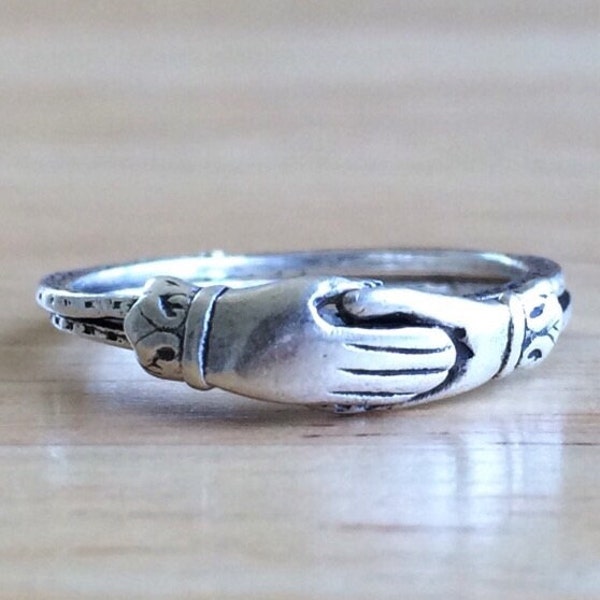 Antique Edwardian Art Nouveau Sterling Silver Gimmel Ring - Size 7 Non Sizeable Clasped Hands Engagement - Wedding Band Vintage Fine Jewelry