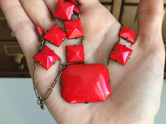 Vintage Art Deco Necklace RARE Lipstick Red Glass… - image 1