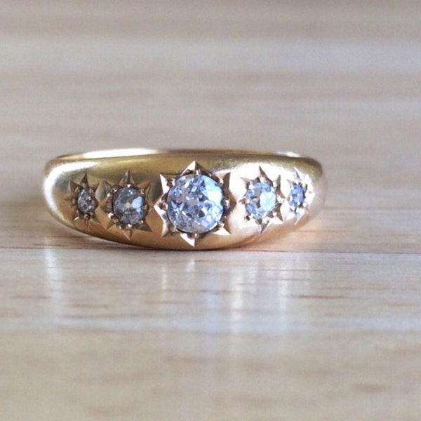 Diamond Wedding Band - Antique Edwardian 18kt Yellow Gold Gypsy Ring - Size 8 1/4 Sizeable Alternative Engagement Vintage Boho Fine Jewelry