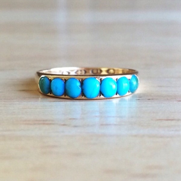 Turquoise Wedding Band - Vintage Art Deco 18kt Yellow Gold Ring - Size 5 1/2 to 5 3/4 Sizeable Alternative Engagement Antique Fine Jewelry