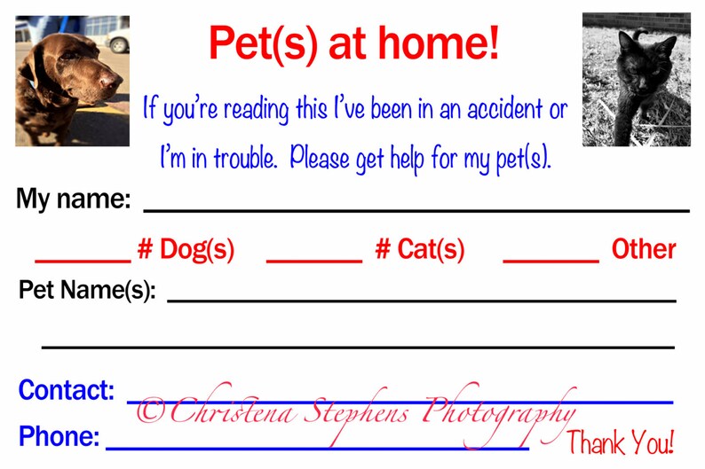 Pet Emergency Cards Pet at Home Id Card Pet Safety Cards Set of 2 Cards ...