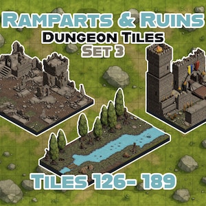 May include: A set of 3 dungeon tiles for tabletop role-playing games. The tiles depict a ruined castle, a forest clearing with a stream, and a fortified tower. The tiles are part of a set called "Ramparts & Ruins Dungeon Tiles Set 3" and are numbered 126-189.