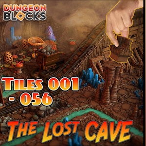 May include: A set of 56 dungeon tiles for tabletop role-playing games. The tiles are made of brown cardboard and feature a variety of textures and details, including a mine cart, mushrooms, and crystals. The tiles are labeled "Tiles 001 - 056" and "The Lost Cave".