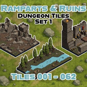 May include: A set of 62 dungeon tiles for tabletop role-playing games. The tiles feature a variety of ruined structures, forests, and a stone castle with a drawbridge. The tiles are designed to be used with miniature figures and other gaming accessories. The text on the image reads "Ramparts & Ruins Dungeon Tiles Set 1 Tiles 001 - 062".