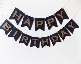 Happy Birthday Banner, Black and gold banner, Birthday banner, Birthday decorations, Personalized Banner, Gold and black bunting