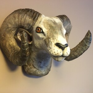 May include: A paper mache ram's head sculpture with a white and grey face and large brown horns. The ram has painted brown eyes and a black nose.