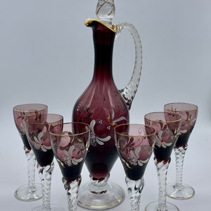 Vintage ~ European ~ Handpainted Decanter / Ewer with Stopper & 6 Cordial Glasses ~ 1950s