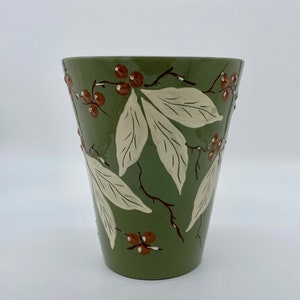 Vintage ~ C. H. Brannam, Royal Barum Ware Pottery ~ Large Leaf & Berry Terracotta Vase / Planter ~ England ~ Slipware ~ Handpainted