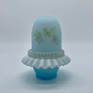Vintage ~ Fenton for LG Wright ~ 4 PIECE Fairy Lamp ~ Light Blue Cased Overlay ~ Wildrose Satin Pattern