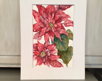 Incl Poinsettia with Candle Original Watercolor Sketch 5 x 7 Mat /& Mount