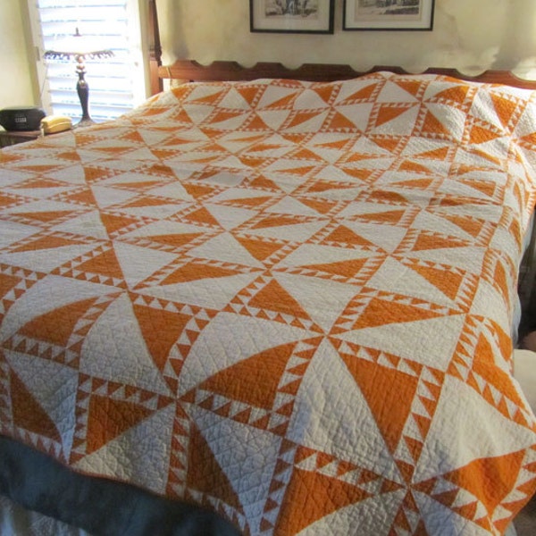 Price Reduced antique quilt, extra large, orange and white , Flying Geese