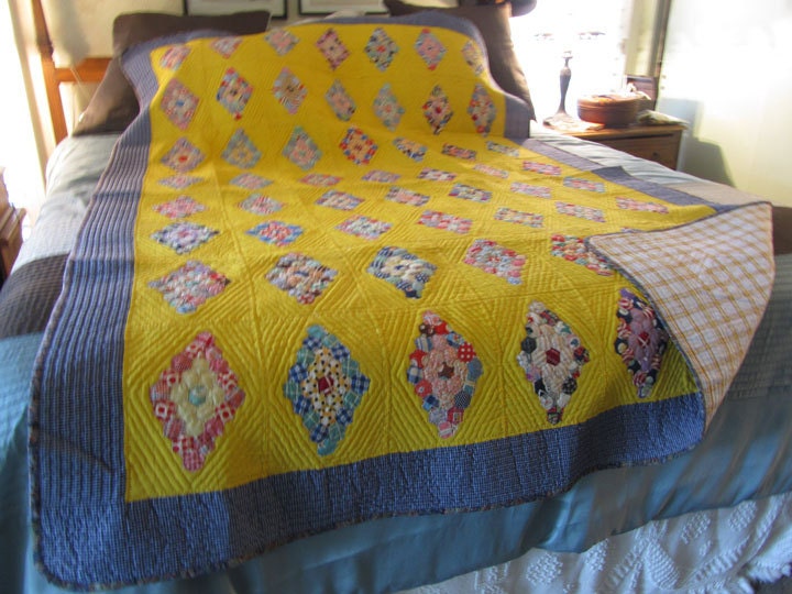 Vintage Quilt Bright Yellow Navy Blues and Reds Very Small Etsy