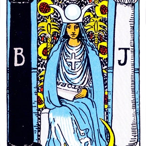 May include: The High Priestess tarot card features a woman in a blue robe sitting on a throne with a white cross on her chest. She holds a scroll in her hands and is surrounded by a yellow and red floral pattern. The card is bordered in black and white with the Roman numeral II at the top and the words "THE HIGH PRIESTESS." at the bottom.