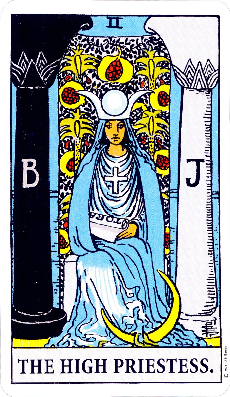 May include: The High Priestess tarot card features a woman in a blue robe sitting on a throne with a white cross on her chest. She holds a scroll in her hands and is surrounded by a yellow and red floral pattern. The card is bordered in black and white with the Roman numeral II at the top and the words "THE HIGH PRIESTESS." at the bottom.