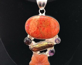 Orange Sea Sediment Jasper Pendant with Amethyst, carved Carnelian, Dichronic Glass, and Biwa Pearl. 925 Silver Pendant. 3 inches long.