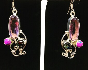 Amethyst Dichronic Glass & Purple Turqoise Sterling Silver Dangle Earrings