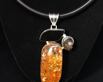 APOTHECARY HOLISTIC Baltic AMBER, Black Onyx, and Ammonite Fossil 925 Sterling Silver Pendant