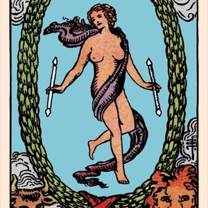 May include: The World tarot card features a woman standing in a wreath of green leaves, holding two wands. The woman is nude, with a purple drape around her waist. The card is set against a blue background with clouds and other symbols.