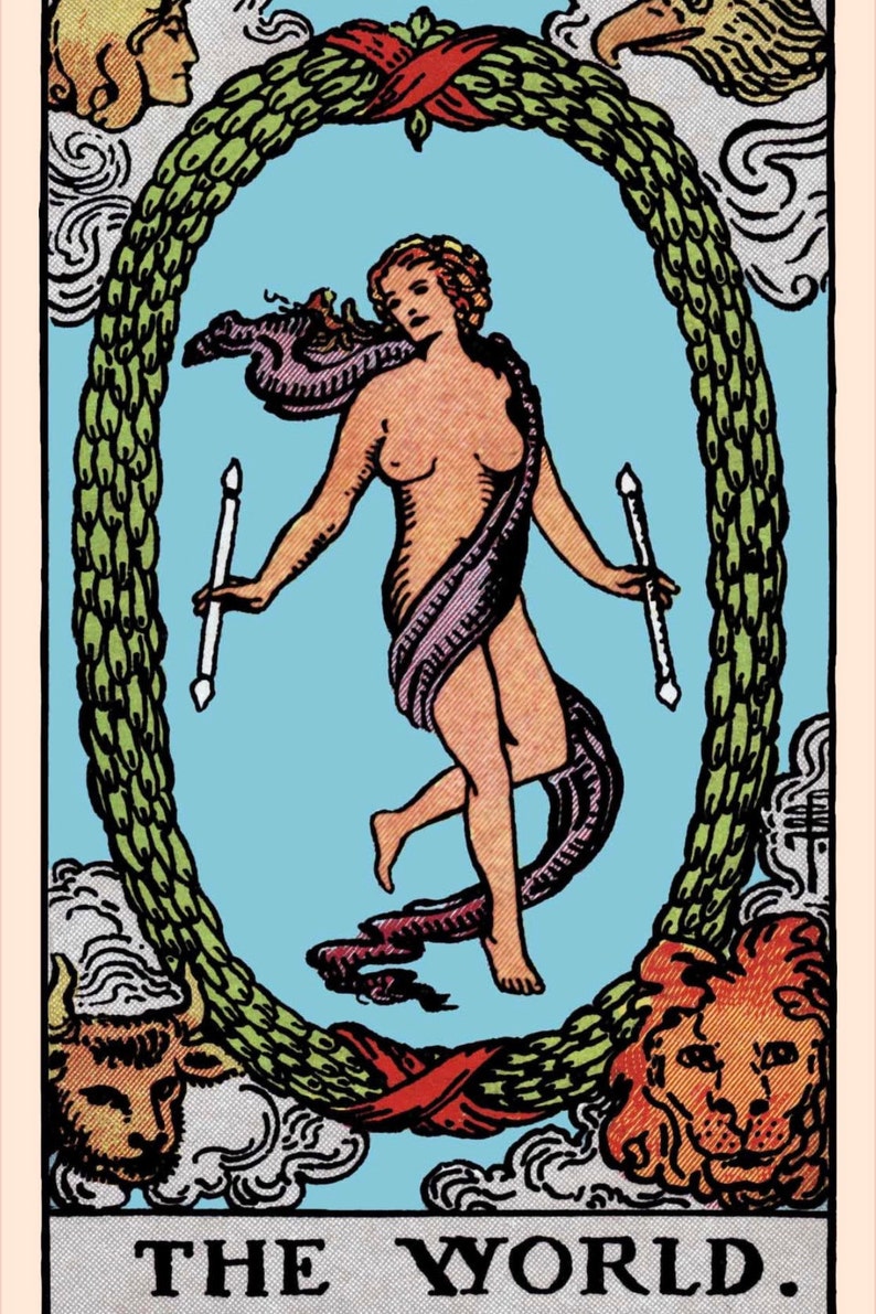 May include: The World tarot card features a woman standing in a wreath of green leaves, holding two wands. The woman is nude, with a purple drape around her waist. The card is set against a blue background with clouds and other symbols.