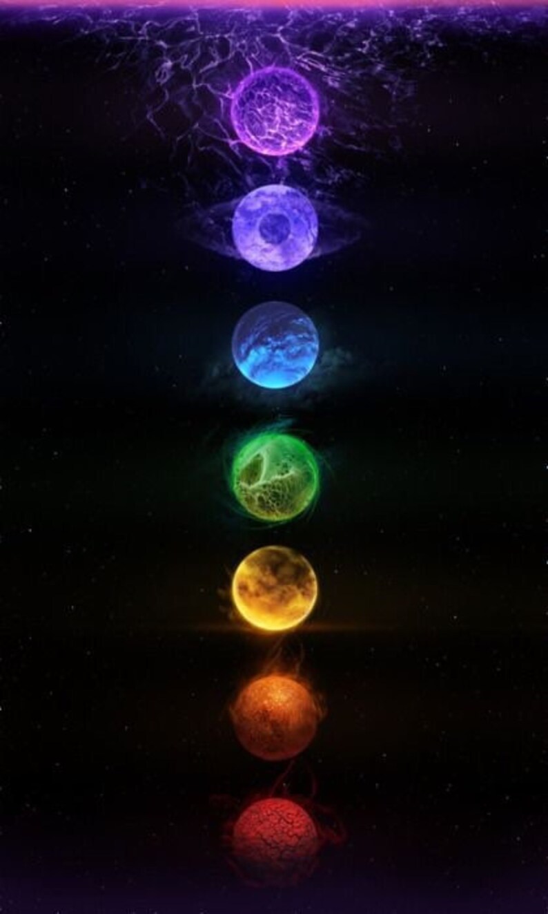 May include: A series of seven glowing orbs in a rainbow color sequence, from purple to red, against a dark starry background.