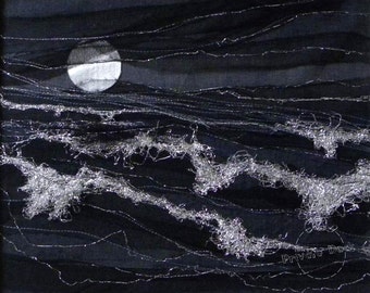 Silver Waves - Textile Art - Nautical Art, Abstract Sea Landscape, Fiber Art, Contemporary Art, Wall Decor, Modern Black Interior