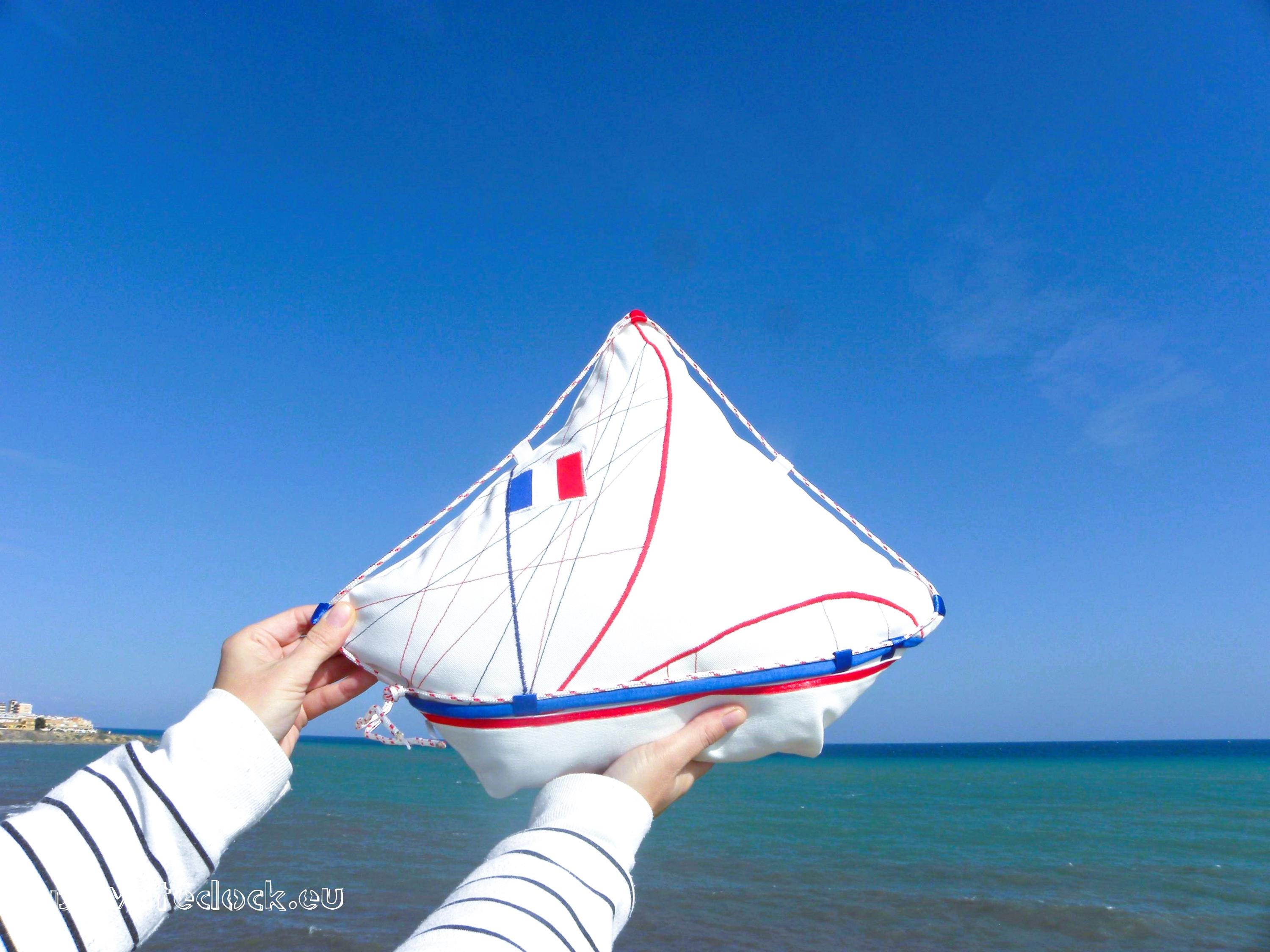 Nautical Pillow France Yacht with Flag Nautical Art. French Elegance!  Luxury White Home Decor. Spectacular gift for Sailor!