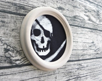 Pirate Abstract Textile Art - Man Cave, Nautical Art, Minimalist Art, Wall Decor, porthole, hand painted, skull and sabers, gift for sailors