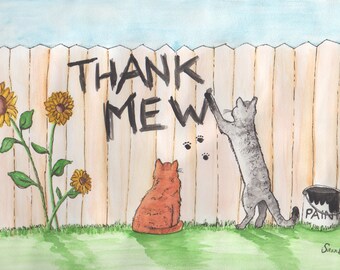 Thank you "Thank Mew" Cats Downloadable Digital JPEG File watercolor cat painting great for card making