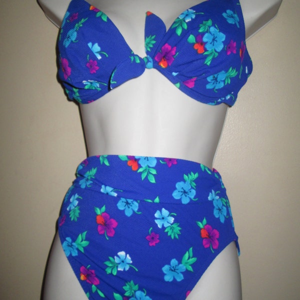 MIDNIGHT floral body id vtg 80s 90s 2 two pc piece Bathing Suit swimsuit L women vintage g1 high wasit v cut