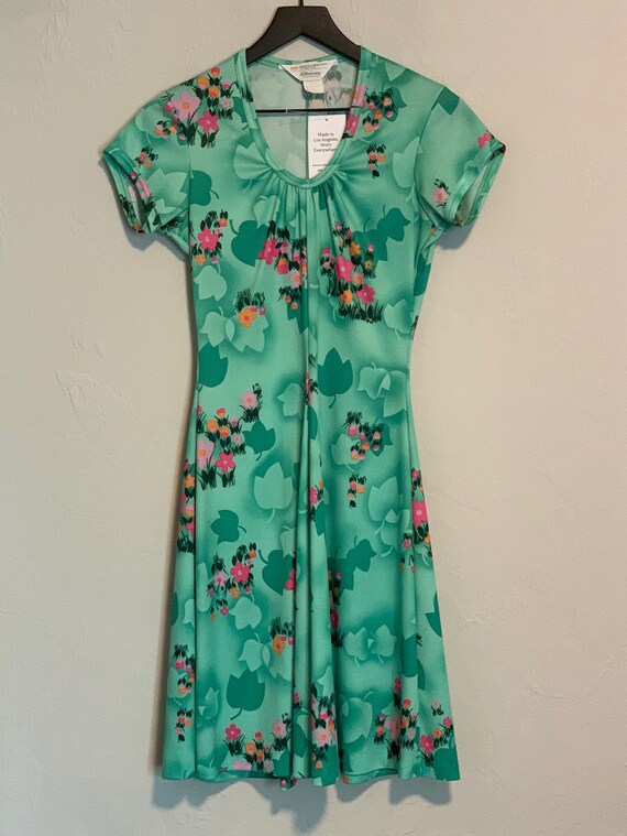 Green Floral 70's polyester Dress Deadstock - image 1