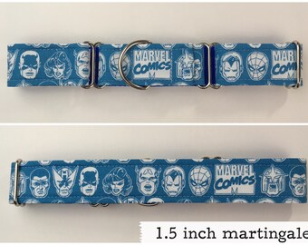 Blue Super heroes faces fabric dog collar