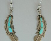 Navajo Native American Blue Turquoise Sterling Silver Feather Earrings 2 1 8 quot