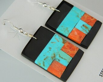 Lupita Calabaza 2 14 Native American Santo Domingo Blue Turquoise Apple Coral Mosaic Sterling Silver Earrings