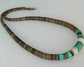 Native American Santo Domingo Green Turquoise Shell Heishi Silver Dead Pawn Necklace 22 1 2 quot