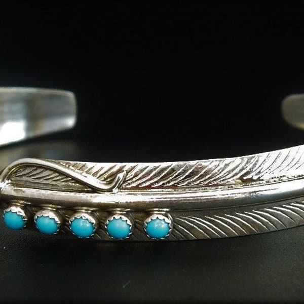 Native American Navajo Turquoise Sterling Silver Handmade Feather Cuff Bracelet Signed Aaron Davis 6 1/2"