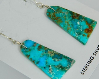 Native American Santo Domingo Kingman Turquoise Sterling Silver Handmade Teardrop Earrings Marcella Castillo d. 2 "