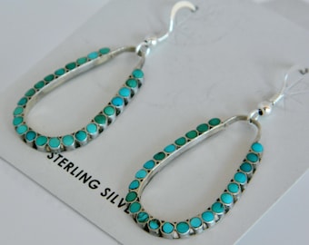 Native American Vintage Zuni Natural Turquoise Flush Set Sterling Silver Handmade Teardrop Earrings 2"