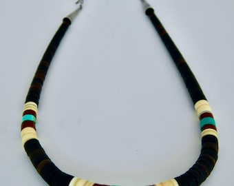 Native American Santo Domingo Pawn Graduated Turquoise Pipestone Shell Heishi Sterling Silver Handmade Necklace UNISEX 15 1/2 - 18 5/8"