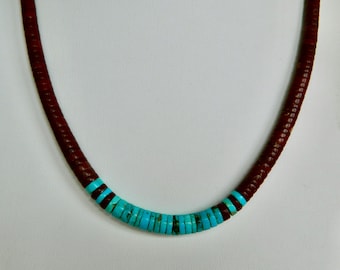 Native American Graduated Santo Domingo Turquoise Pipestone  Heishi Sterling Silver Handmade 1970s Necklace  18 7/8- 21 3/8" UNISEX